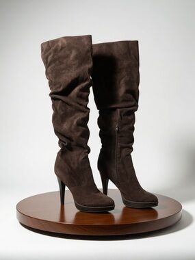 Women's Brown Suede Slouch Knee-High Heeled Boots